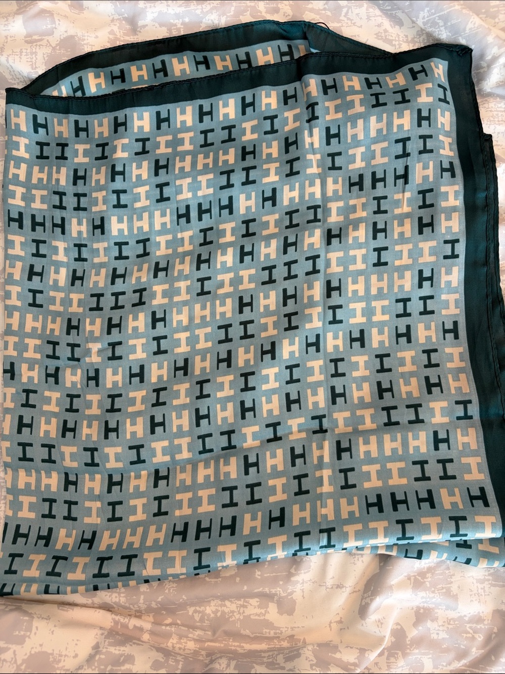 Silk Scarf with Repeating H Motif in Teal and Cream